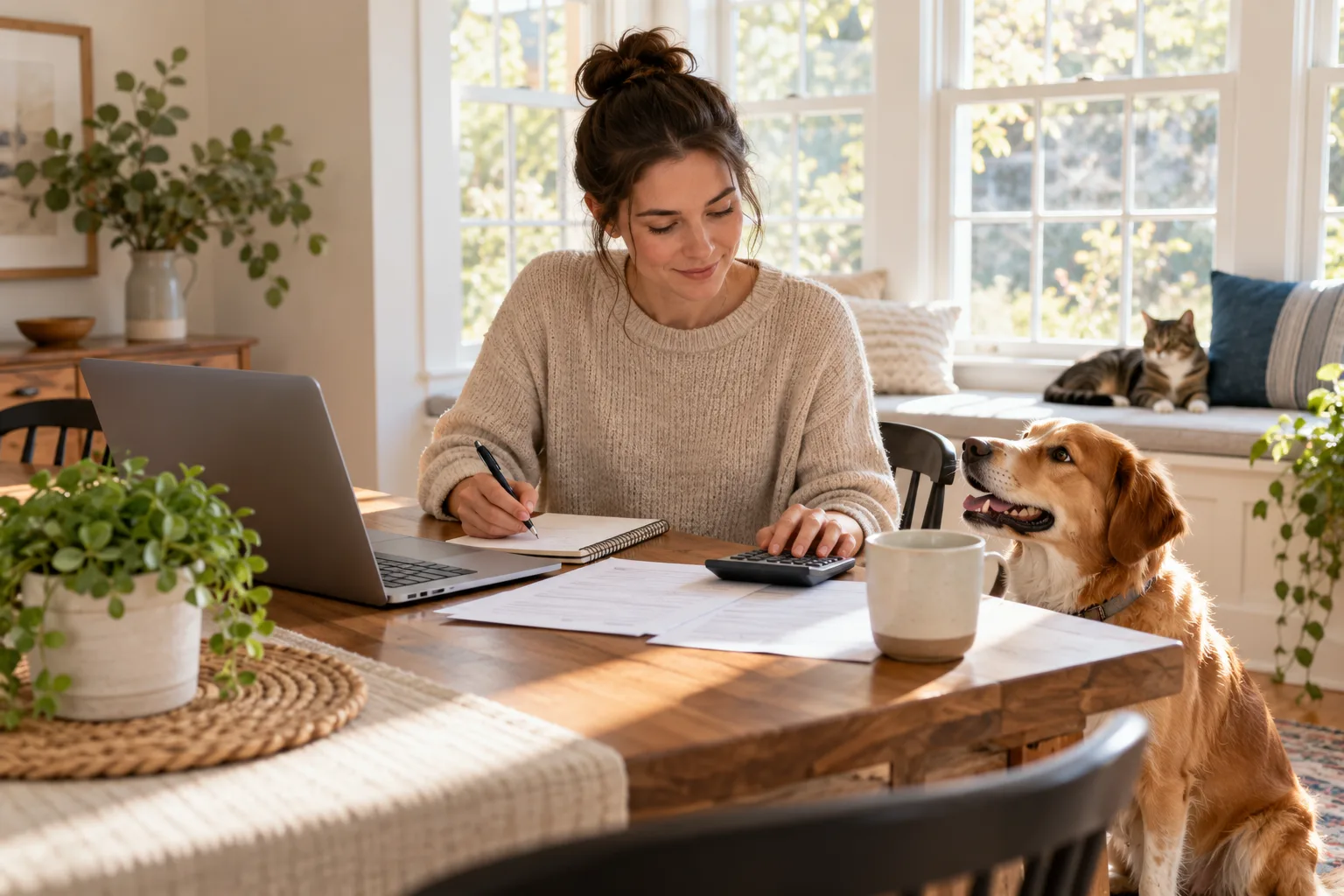 Owner reviewing papers at a table with a dog nearby