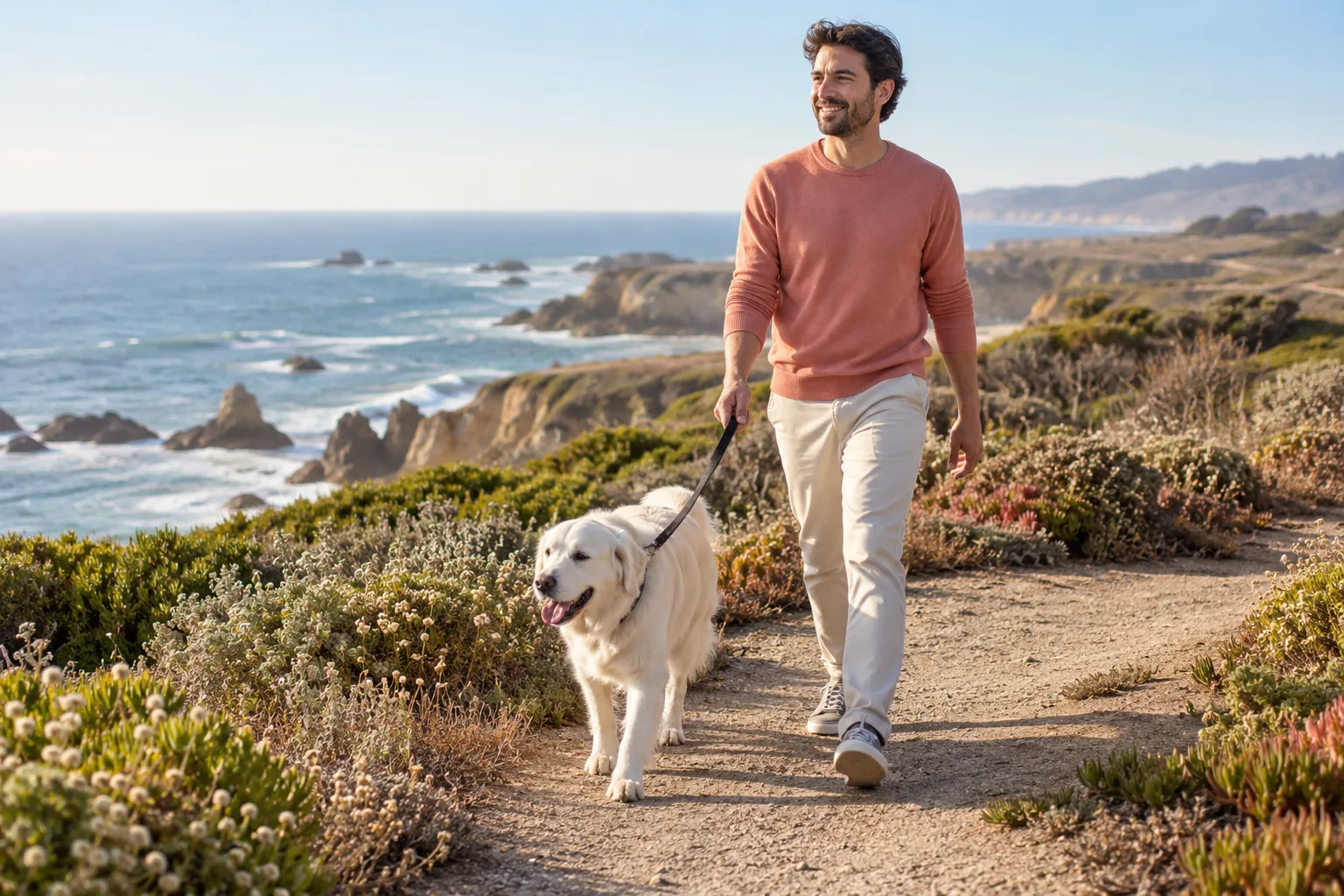 Owner walking with a dog along a coastal path